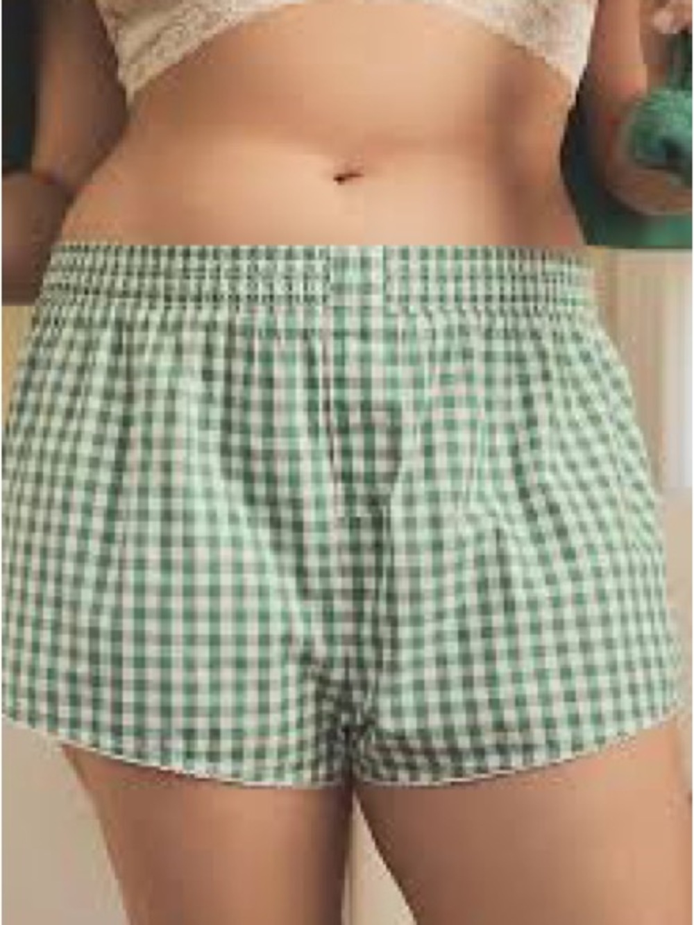 Anthropologie Green & White Gingham Boxer Shorts Women’s Size Small Cottagecore
